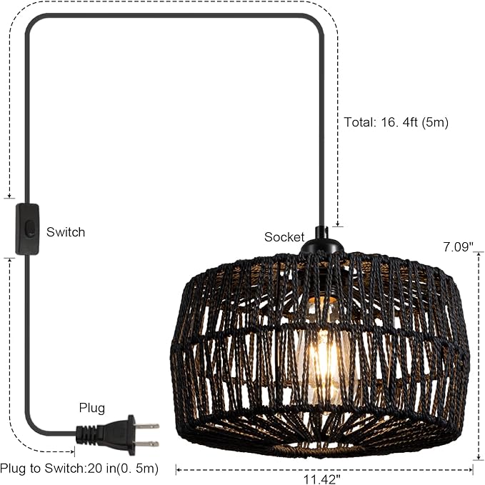 11.42’’ Black Woven Plug in Pendant Light Fixture, Rustic Round Ceiling Hanging Light with Plug in Cord & On/Off Switch for Entry Bedroom Kitchen Island Living Dining Room Foyer