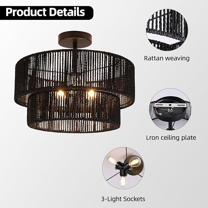 15.7'' Black Boho Light Fixtures Ceiling Mount Coastal Hemp Rope Semi Flush Mount Ceiling Light Fixture 3-Light Rattan Light Fixtures with 2-Tier Drum Shade for Dining Room Kitchen Entry