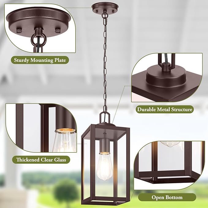 BesLowe 1-Pack Outdoor Pendant Light, 13” Modern Hanging Lantern Light for Outside, Brown Exterior Pendant Lighting Fixture with Adjustable Chain, Outdoor Chandelier for Porch, Gazebo, Front Door