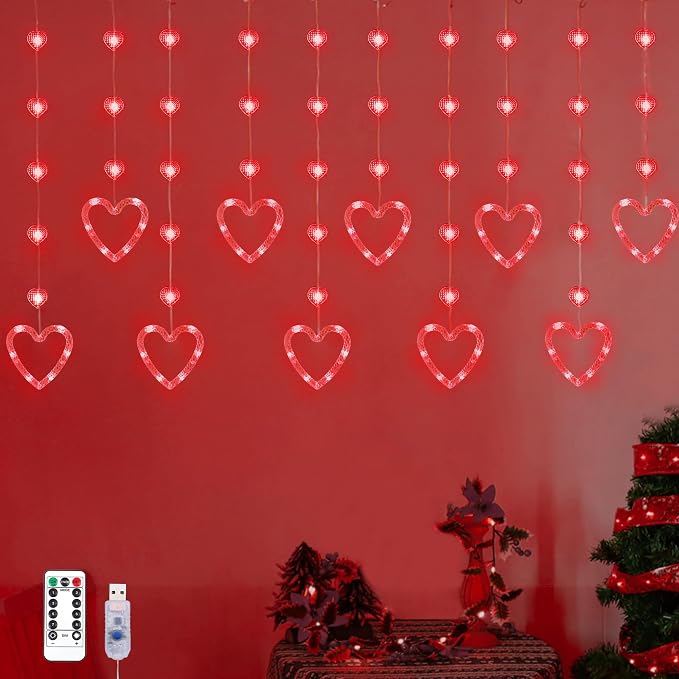 YOLIGHT Heart Curtain Lights, 9.8ft Valentine's Day Window Lights, USB Plug LED Hearts String Lights, Light up Heart Hanging Lights for Valentines Mother's Day Room Decoration (Red)