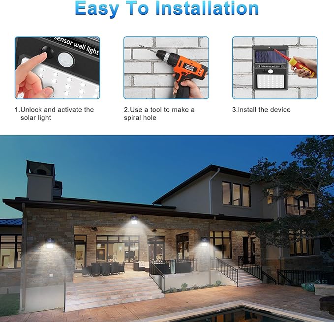 SEZAC Solar Lights Outdoor,3 Modes Motion Sensor Security Light Wall Light | 3 Modes, Motion Sensor, Waterproof, For Garden Fence Patio Garage
