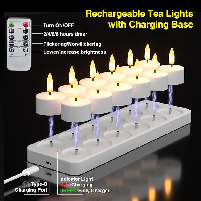 Rechargeable Flameless Tea Lights Candles with Charging Station,LED Tea Lights Candles with Remote Control Timer for Valentine's Day,Centerpiece Table Decorations,Anniversary,Home Decor,12-Pack