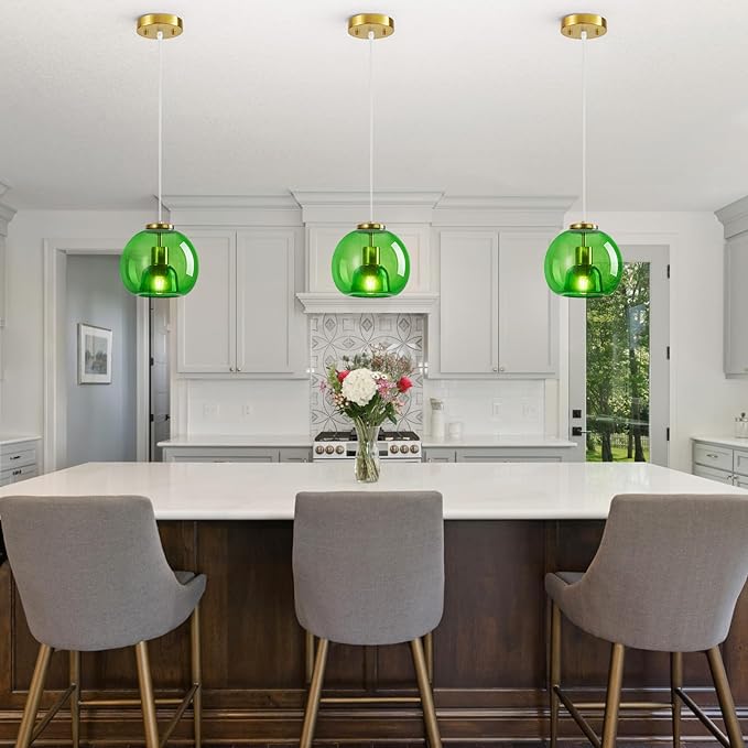Green Glass Pendant Lights Kitchen Island Gold Hanging Light Fixture Glass Globe Pendant Light Modern Pendant Lighting for Kitchen Island Bedroom Dining Room (7.87", 3 Pack)