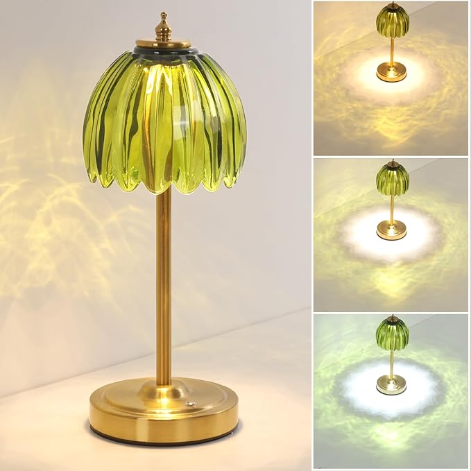 Shenmoyl Tulip Table Lamp with 5000mAh Battery & Touch Control, Cordless Table Lamp with 3 Colors, Dimmable Rechargeable Table Lamps for Bedroom, Nightstand, Living Room, Entryways (Green Tulip)