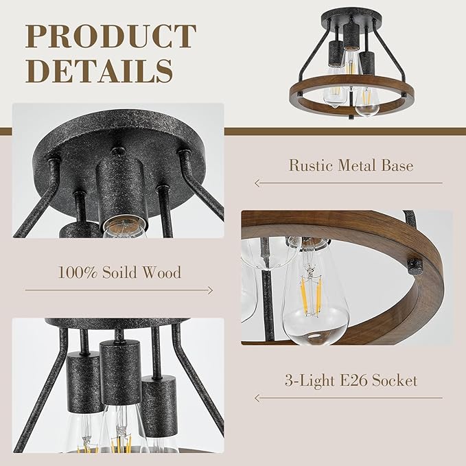 Retro Industrial Flush Mount Ceiling Light Fixture with Wood Circle Shade 3-Light Rustic Black Ceiling Light for Hallyway Entryway Bedroom Kitchen Sink