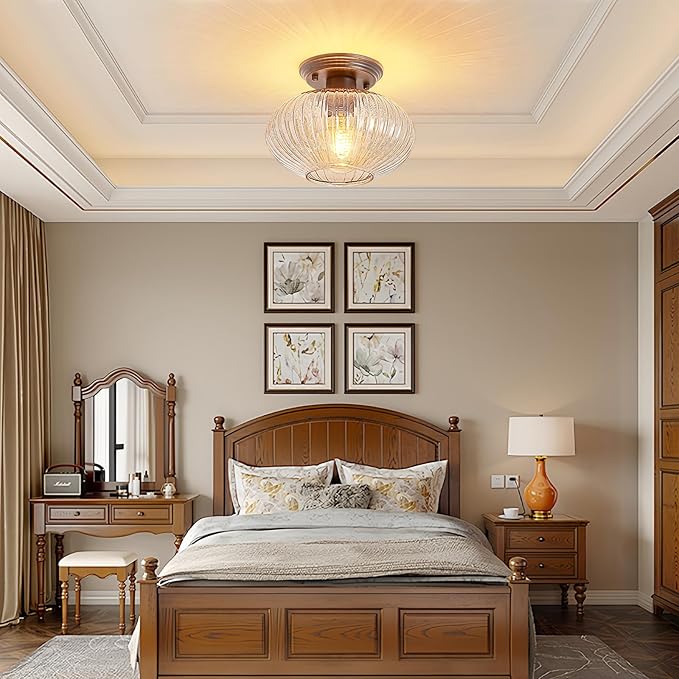 Semi Flush Mount Ceiling Light, Black Vintage Kitchen Ceiling Lights, Amber Striped Glass Close to Ceiling Light Fixtures for Living Room, Hallway, Bedroom