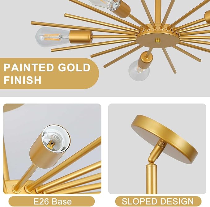 Gold Semi Flush Mount Ceiling Light, 27.5 Inch 5-Light Large Sputnik Flush Mount Light Fixtures, Modern Mid Century Sloped Ceiling Lighting for Kitche n, Entryway, Bedroom, Living Room