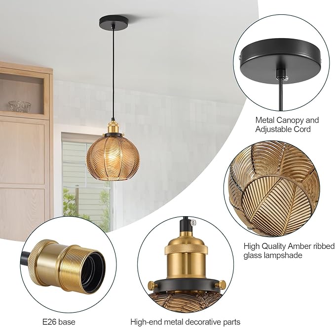 7.8in Vintage Pendant Light 2- Light Kitchen Sink Pendant Lights with Amber Hand Blown Glass Small Hanging Lamp for Kitchen Island Dining Room Bedroom Bathroom Hallway E26
