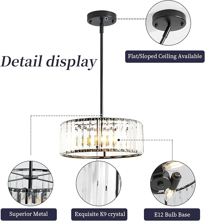 Black Crystal Chandelier for Dining Room,Modern Semi Flush Mount Ceiling Light Fixtures,3-Ligh Round Kitchen Hanging Drum Pendant Light Fixture for Hallway Entryway Foyer Laundry Room, 12''
