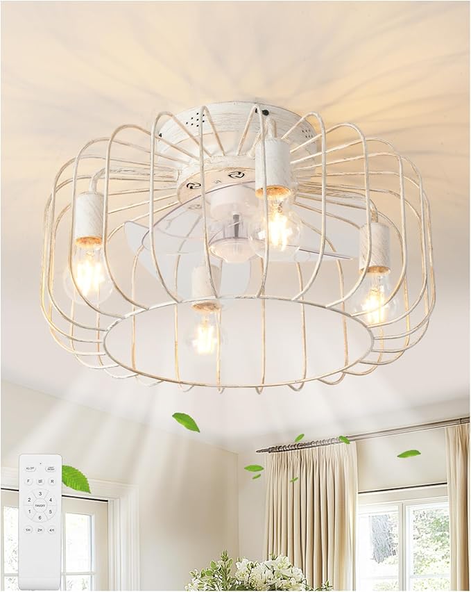 18inch White Gold Caged Ceiling Fan Light,Flush Mount Chandelier Industrial Ceiling Fan,Farmhouse Fan Lights Ceiling Fixtures for Kitchen,Bedroom,Outdoor(6 Speed,Timing with Remote)