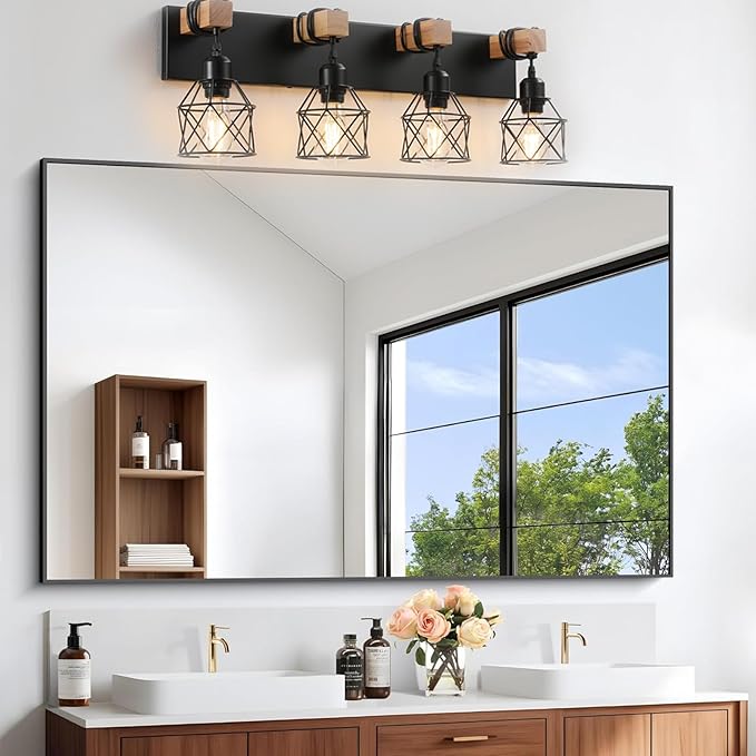 Farmhouse Vanity Light Fixture,4-Light Bathroom Lighting,Black Industrial Wood Wall Light Over Mirror with Metal Shade,LED Bulbs Not Included
