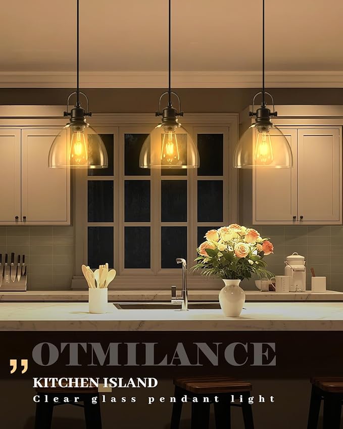 Kitchen Pendant Lighting Over Island 3 Pack, 7.5” Black Pendant Lights Kitchen Island, Farmhouse Glass Pendant Lights Kitchen Island, Industrial Pendant Light for Kitchen, Bedroom, Bathroom