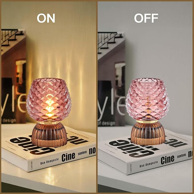 Battery Operated Lamp with Timer, Cute Small Cordless Glass Table Lamp for Home Decor, Kitchen, Bathroom, Birthday Gift for Women, Pinecone, Pink