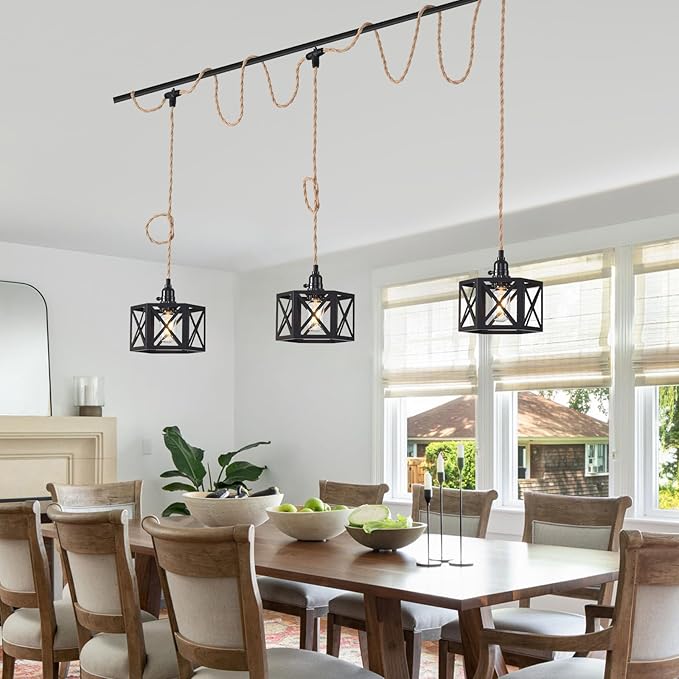3 Light Plug in Pendant Light Rattan Hanging Lights with Switch 22FT Industrial Ceiling Light,Plug in Cord with Woven Hemp Rope Lamp Shade, Hanging Lamp Cord Farmhouse Cable DIY