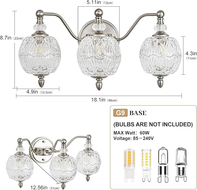 Brushed Nickel Bathroom Vanity Light, 3-Light Mid Century Modern Brushed Nickel Finish Wall Sconce with Globe Glass Shades, Modern Mirror Light for Bathroom, Powder Room