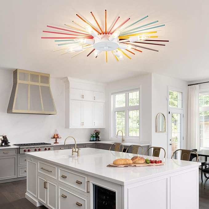 Kids Ceiling Light,8-Lights Colorful Sputnik Ceiling Fixtures, Rainbow Kid Chandelier for Bedroom Playroom Kitchen Entryway,E12