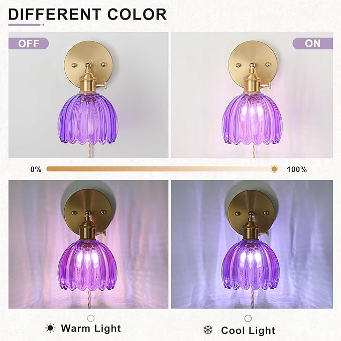 Plug in Wall Sconces Set of 2, Vintage Wall Sconce Light with Tulip Purple Glass Lampshade, Bedroom Wall Sconce with Switch and Plug in wall lamp Cord, Gold Wall Light Wall Decor Set of 2