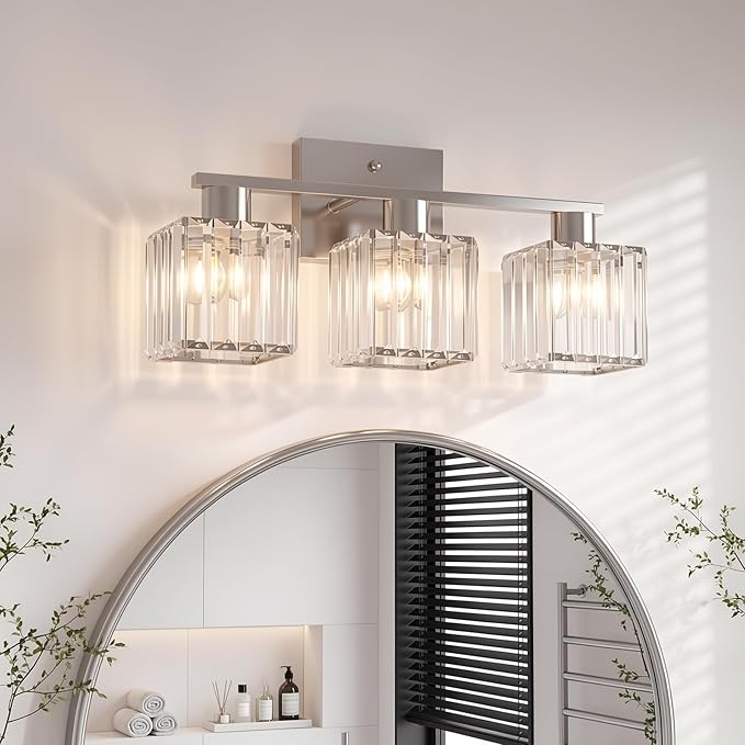 Crystal Bathroom Light Fixtures, 3-Light Brushed Nickel, Vanity Lights for Bathroom Over Mirror, Modern Bath Wall Sconce for Mirror Bedroom Living Room