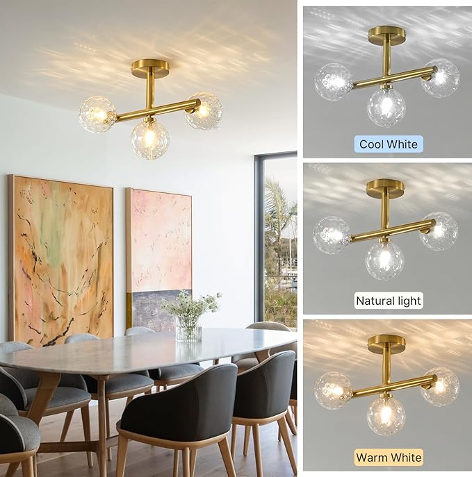 Modern Globe Glass Ceiling Light: 13 Inch Sputnik Semi Flush Mount Light with Hammered Clear Glass Shade - 3 Lights Gold Ceiling Lighting Fixture - Dimmable Linear Chandelier for Bedroom Living Room