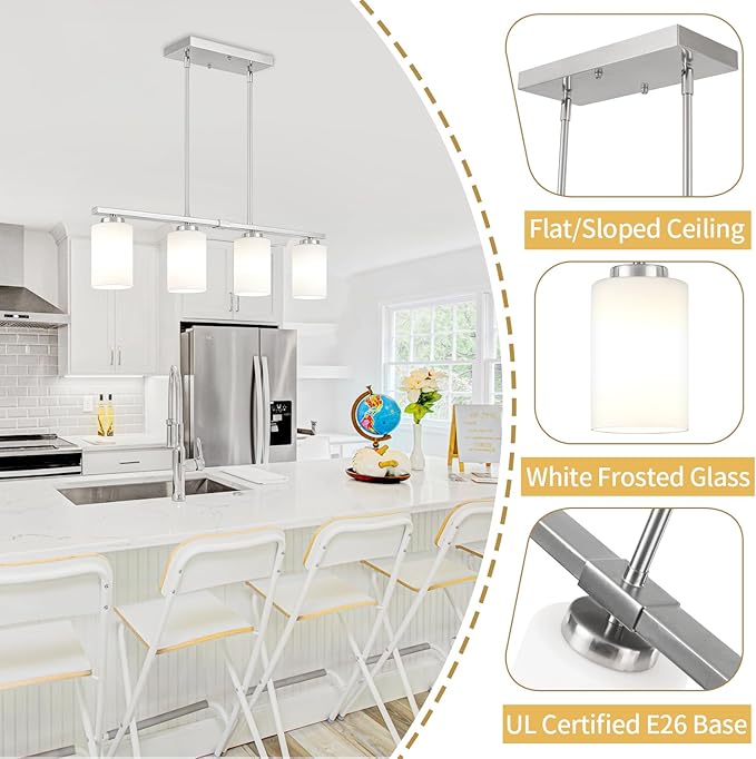 Brushed Nickel Island Lights for Kitchen, 4-Light Dining Room Light Fixtures Modern Linear Chandeliers Over Table White Frosted Glass Adjustable Hanging Lights Kitchen Pendant Lighting Over Island