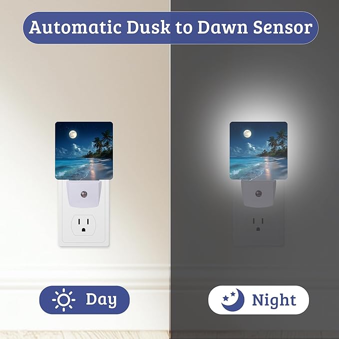 Beach Palm Night Light, Plug-into Wall Nightlight with Dusk to Dawn Sensor, Energy Efficient Lamp for Bedroom/Bathroom/Kitchen/Hallway/Stairs