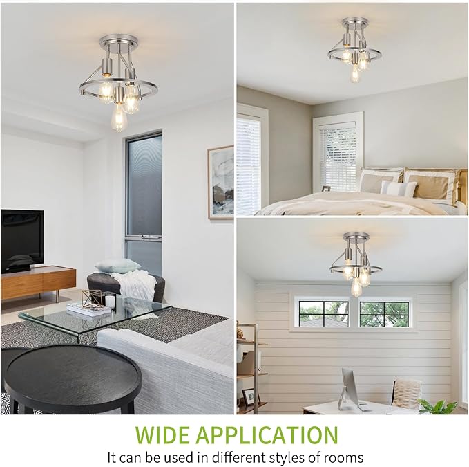 WILON Ceiling Light,Brushed Nickel Semi Flush Mount Light.3-Light Ceiling Light Fixtures Farmhouse Kitchen Light Industrial Hallway Light Fixtures E26 Socket Lamp for Hallway Kitchen Foyer
