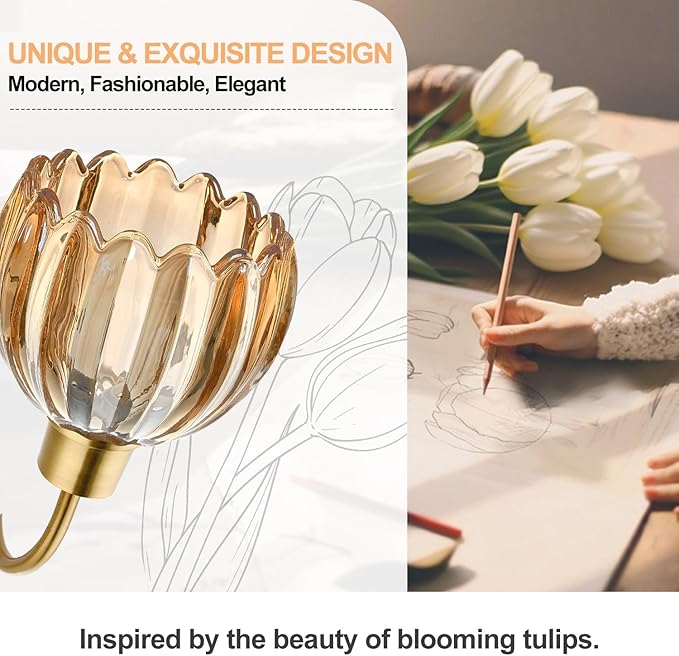 Bathroom Light Fixtures, 2-Light Brushed Gold Vanity Lights for Bathroom with Ribbed Amber Tulip Glass Shade, Vanity Lights Over Mirror for Bedroom, Living Room, Hallway