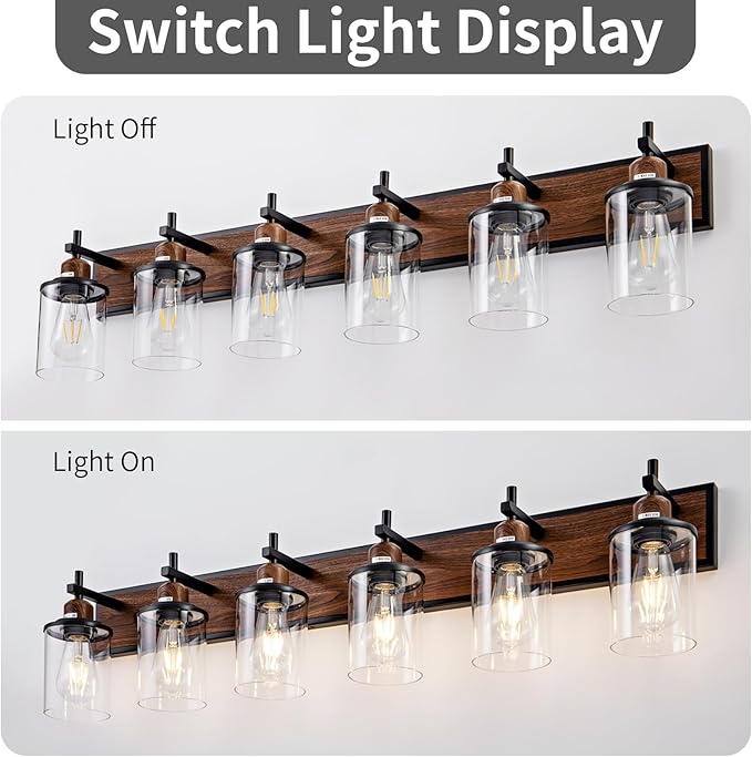 Lanhall 6-Light Farmhouse Bathroom Light Fixtures Vintage Bathroom Vanity Lights Over Mirror Black and Wood Painted Metal Vanity Light for Bathroom with Glass Shades E26 Socket