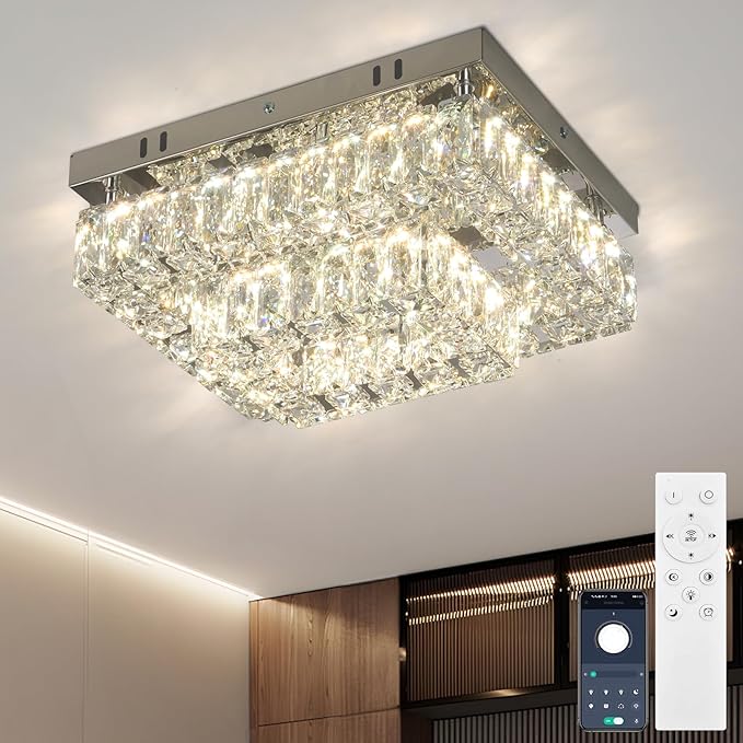 Finktonglan Modern 2-Tier Crystal Flush Mount Ceiling Light, 11.8" Rectangular Dimmable LED Ceiling Fixture with Multi-Faceted Crystal Prisms, 24W Low Profile for Kitchen Dining Hallway