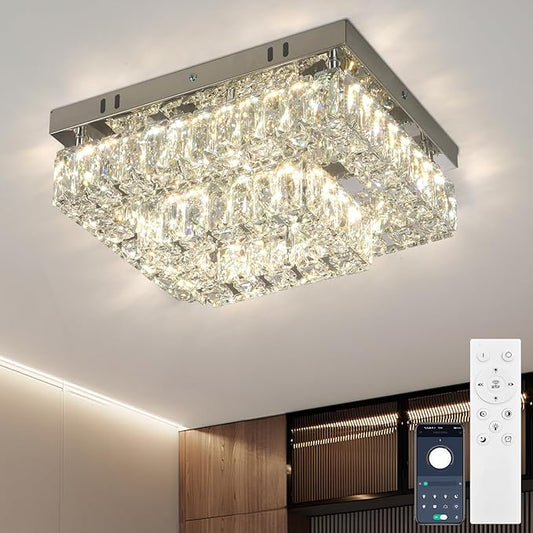 Finktonglan Modern 2-Tier Crystal Flush Mount Ceiling Light, 11.8" Rectangular Dimmable LED Ceiling Fixture with Multi-Faceted Crystal Prisms, 24W Low Profile for Kitchen Dining Hallway