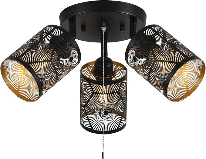 SEEBLEN 3 Light Modern Kitchen Ceiling Light with Pull Chain,Black Round Directional Ceiling Spotlight,Farmhouse Flush Mount Pull String Ceiling Light for Kitchen, Laundry, Bedroom, E26 Base.