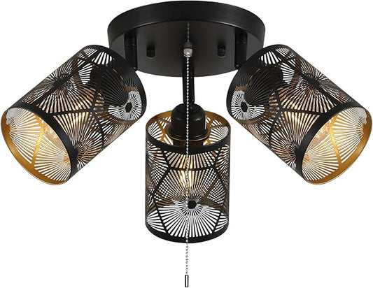 SEEBLEN 3 Light Modern Kitchen Ceiling Light with Pull Chain,Black Round Directional Ceiling Spotlight,Farmhouse Flush Mount Pull String Ceiling Light for Kitchen, Laundry, Bedroom, E26 Base.