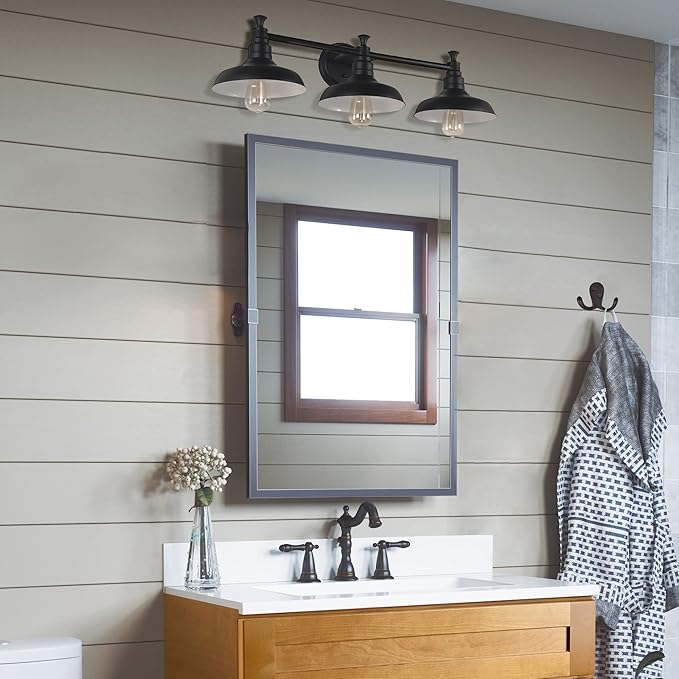 Design House 588533 Kimball Industrial Farmhouse 3-Light Indoor Bathroom Vanity Light Dimmable with Metal Shades for Over The Mirror, Matte Black