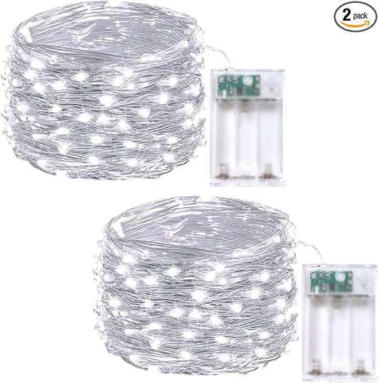 2-Pack Fairy Lights Battery Operated with Timer, 16FT 50 LED String Lights Indoor Outdoor, Cuttable Starry Fairy Lights Waterproof for Christmas Home Bedroom Wedding DIY Centerpiece Decor (Cool White)