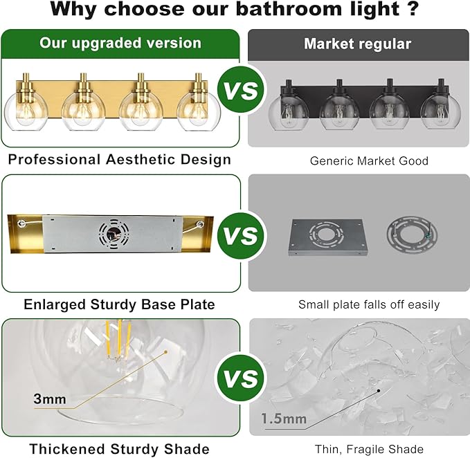 IZORRO Bathroom Light Fixtures, 4 Light Brushed Gold Vanity Light, Modern Wall Sconces with Globe Clear Glass Shade, Vanity Lighting Fixtures Over Mirror,E26 Bulb Socket