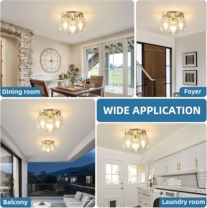 OKELI 3-Lights Semi Flush Mount Ceiling Light Fixture, Brushed Nickel Modern Close to Ceiling Light for Kitchen, Foyer, Entryway, Hallway, Dining Room, Clear Glass Shade