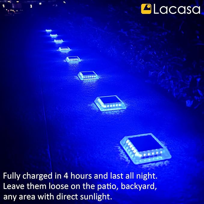 Lacasa Solar Deck Lights, 4 Pack 30LM LED Dock Lights Blue Light, Outdoor Solar Powered Step Lights Light up All Night IP68 Waterproof Auto ON/Off for Garden Stairs Driveway Pathway Lighting
