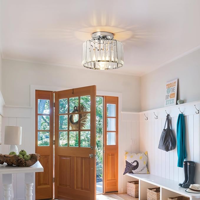 9 Inch Chrome Crystal Ceiling Light Fixture - Modern Semi-Flush Mount Chandelier with Premium Crystals for Entryway, Dining Room, Bedroom, Kitchen