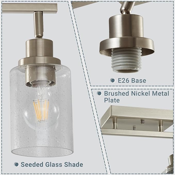 LOUSACE 5-Light Brushed Nickel Track Lighting Fixtures Ceiling Mount Spotlights with Seeded Glass Shade, Modern Bathroom Tracking Vanity Lights for Hallway Kitchen
