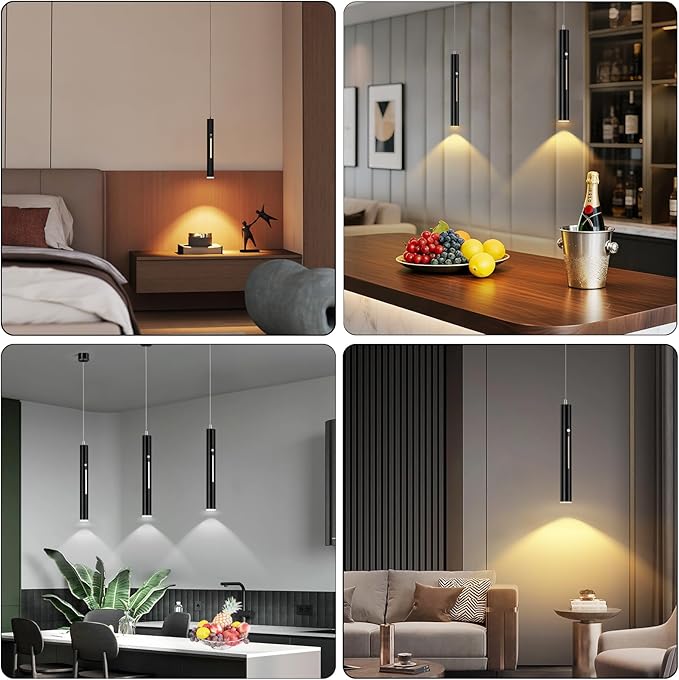 Lightess Battery Operated Pendant Light Set of 2, 6000mAh Rechargeable Hanging Light with Remote, 3 Color Dimmable, Wireless Chandelier for Kitchen Island Bedroom Hallway, Black