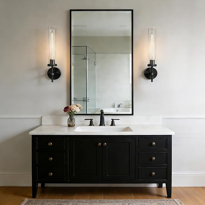 Black Wall Sconces Set of Two, 19" Knurled Black Sconces Wall Lighting, Tube Glass Bathroom Sconces Wall Lights for Bedroom Living Room Vanity Sconce Wall Lamp for Hallway, Staircase