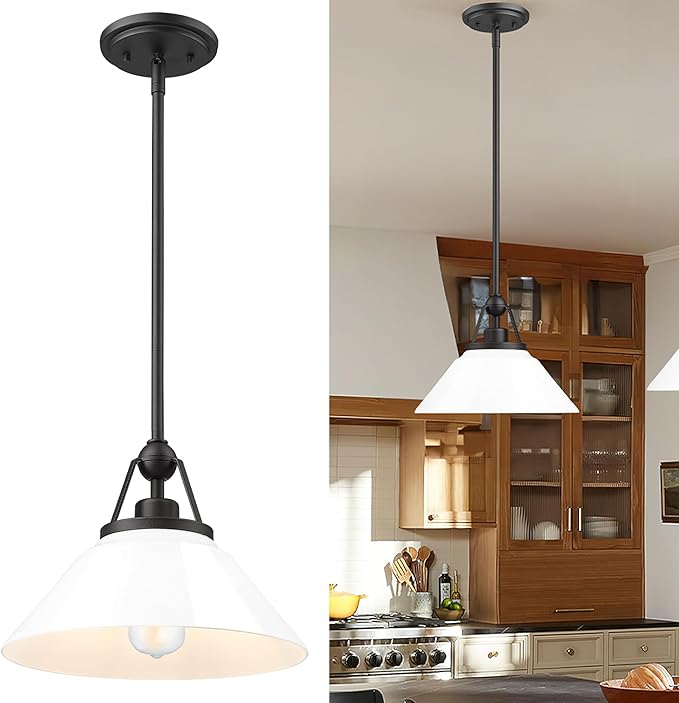 White Pendant Light Fixture, HWH Modern Kitchen Island Light Fixtures 12 Inch, 1-Light Hanging Lighting for Dinning Room Schoolhouse, Black Metal and White Opal Glass Shade, 5HYS89MIL-G BK