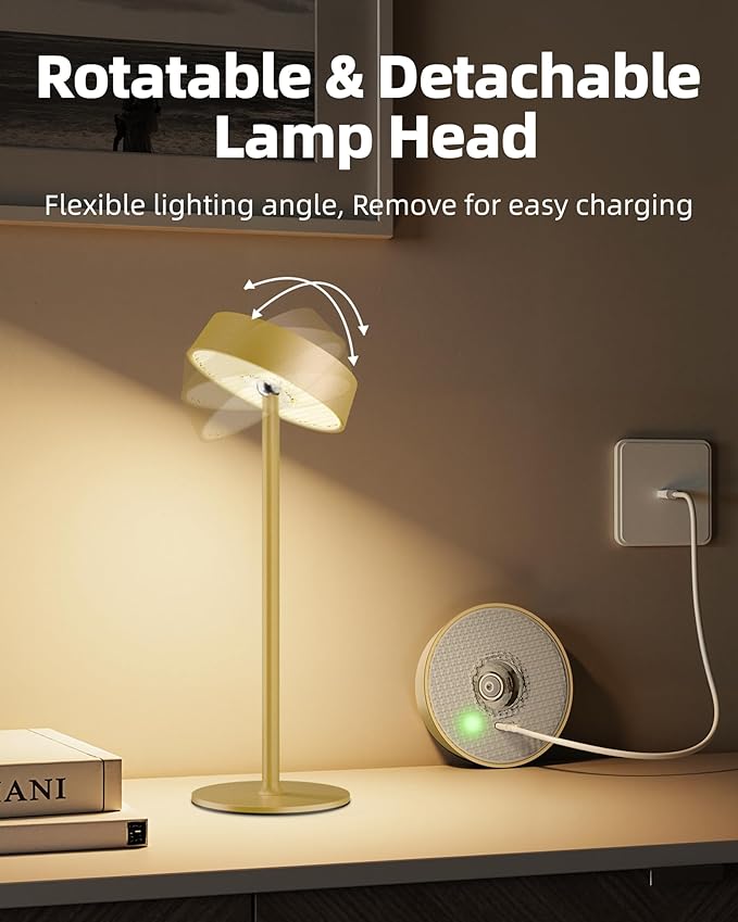 Cordless Lamp, Rechargeable Table Lamp, Battery Operated, RGB Dimmable Touch Control, 3 Color Temperatures, LED Memory Function, Portable Outdoor Waterproof, Restaurant Dining Patio Kitchen, Gold 1Pc