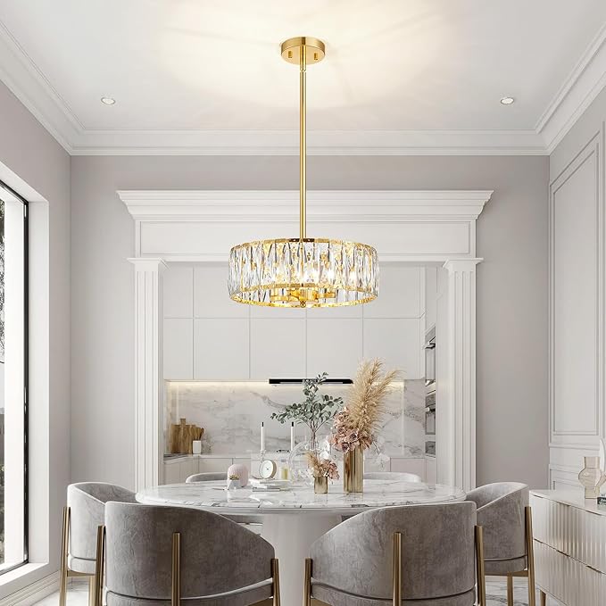 K9 Crystal Chandeliers, 4-Light Modern Pendant Light Fixture for Living Room, Dinning Room, D15 × H9~47inch(Adjustable Height), Gold Finish Frame & K9 Crystal
