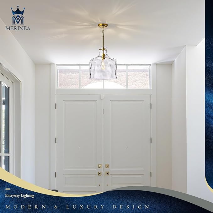 12" Farmhouse Pendant Light, Hand-Blown Clear Hammered Glass Hanging Light Fixture with Brass Gold Finish, Adjustable Chain Ceiling Light for Kitchen Island, Dining Room, Hallway, E26 Socket
