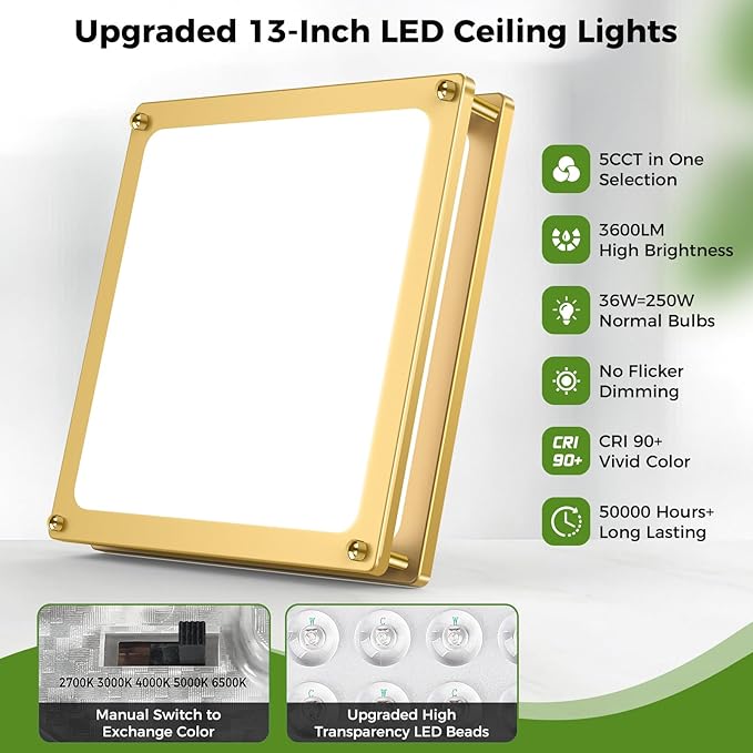 13 Inch Gold Square LED Ceiling Lights for Bedroom Kitchen Bathroom, 2-Pack 36W Super Bright 3200LM Modern Flush Mount Light Fixture, 2700K-6500K Selectable Dimmable Close to Ceiling Double Ring Lamp