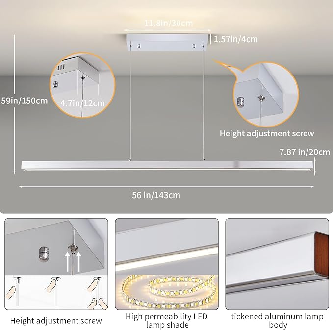 Modern LED Island Lights, 3300k-6500K Dimmable Pool Table Light with Remote, Modern Pendant Lights for Kitchen, 56.29" LED Linear Pendant Light Fixtures Dining Room Living Room Billiard Room Chrome