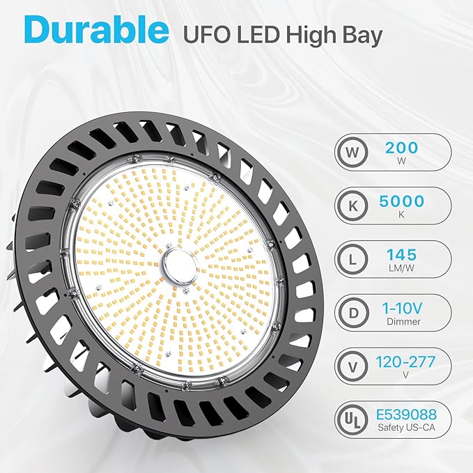 HYPERLITE LED High Bay Light | 29000LM (200W) Dimmable High Bay LED Lighting | UL Listed | 5000K Commercial Lights | US Hook Included | Alternative to 850W MH/HPS | 4-Pack