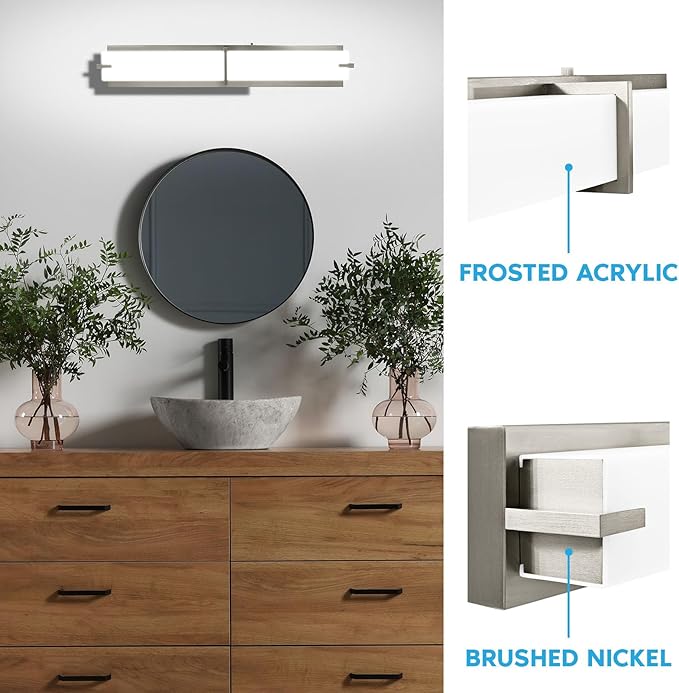 LUXRITE 24 Inch LED Vanity Lights Brushed Nickel Bathroom Light Fixtures 3CCT Selectable 3000K 4000K 5000K Modern Vanity Light Bar Over Mirror 25W 1750 Lumens Dimmable Damp Rated ETL Listed