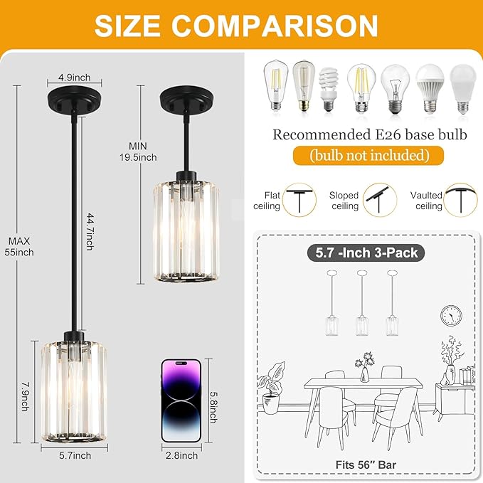 3 Pack Pendant Lights Kitchen Island, Modern Black Pendant Light Fixtures, Mini Chandelier Crystal Kitchen Island Lighting, Hanging Pendant Lights Fixture for Kitchen Island Dining Room Hallway Foyer